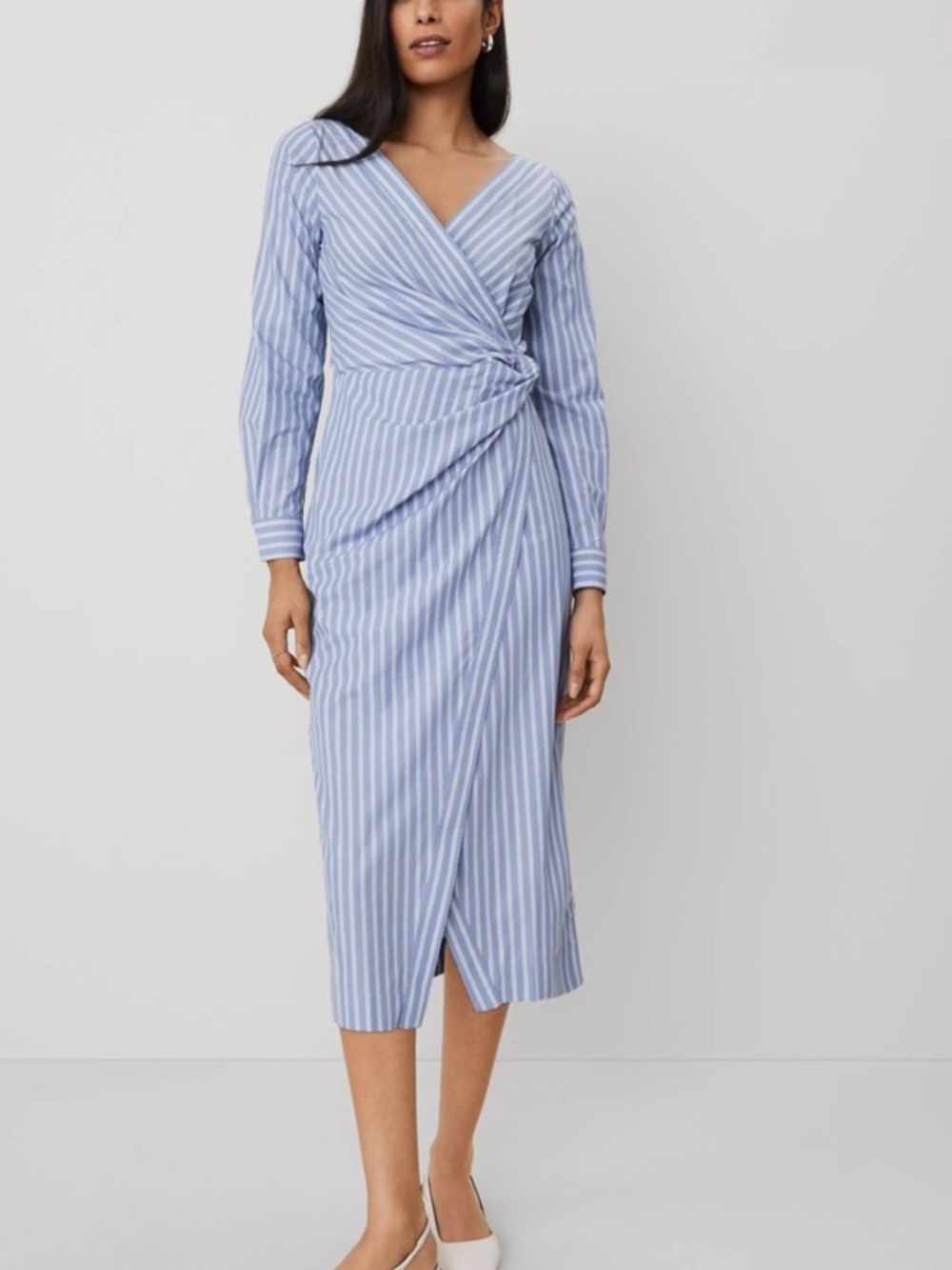 Ann Taylor Light Blue and White Striped Wrap Midi Dress